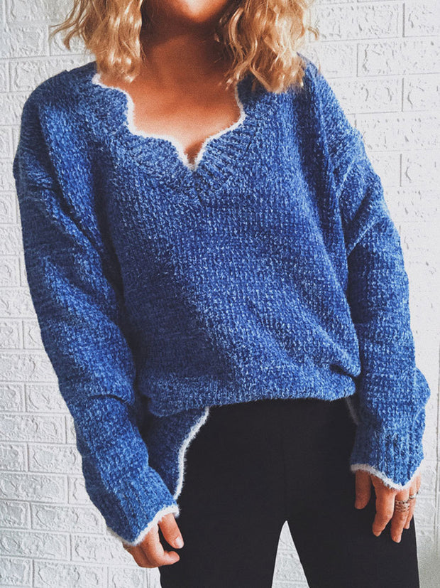 Notched Dropped Shoulder Long Sleeve Sweater Trendsi