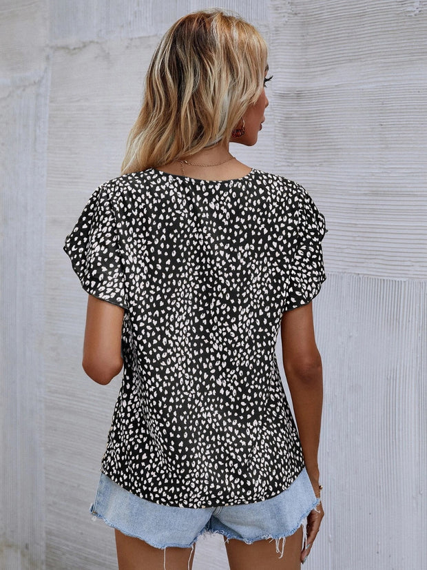 Printed V-Neck Petal Sleeve Blouse Trendsi