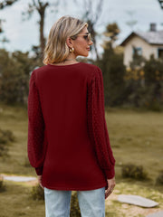 Swiss Dot V-Neck Long Sleeve Blouse Trendsi