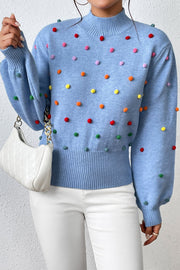 Pom-Pom Trim Mock Neck Long Sleeve Pullover Sweater Trendsi