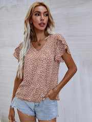 Printed V-Neck Petal Sleeve Blouse Trendsi