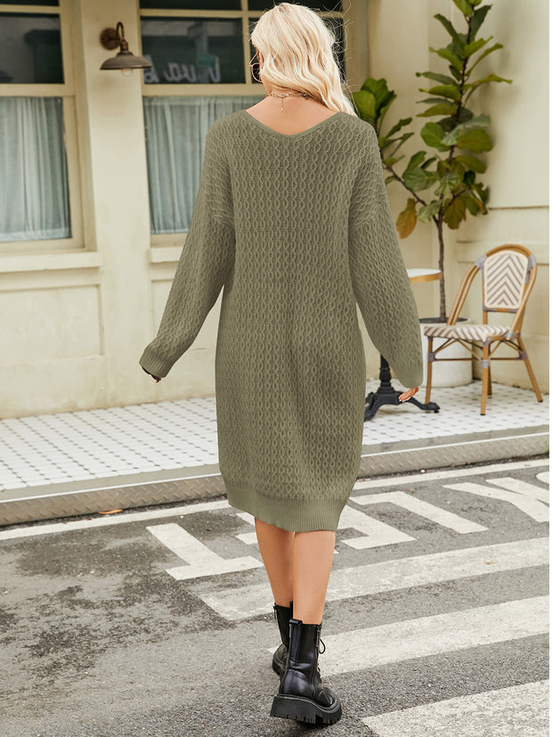 V-Neck Long Sleeve Sweater Dress Trendsi