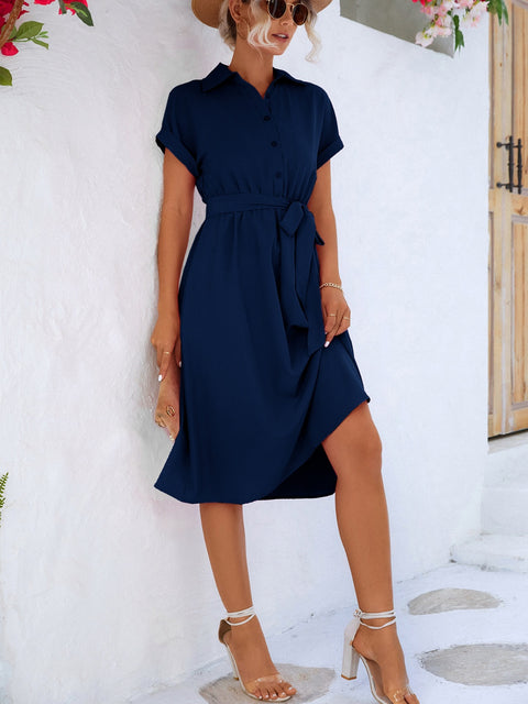 Buttoned Tie Waist Short Sleeve Dress Trendsi