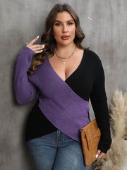 Plus Size Two-Tone Surplice Neck Sweater Trendsi