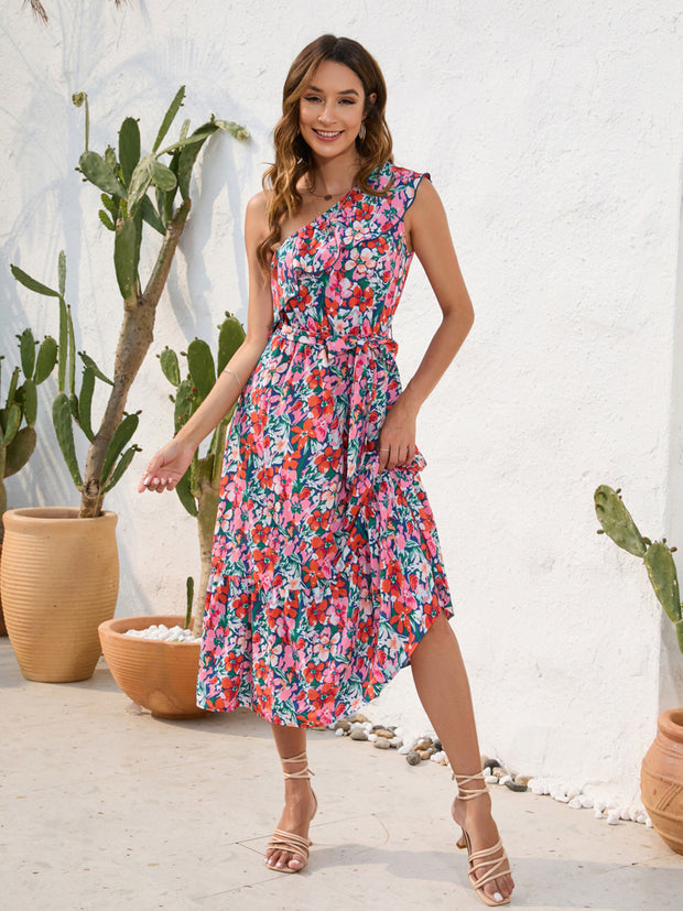 Ruffled Printed One Shoulder Midi Dress Trendsi