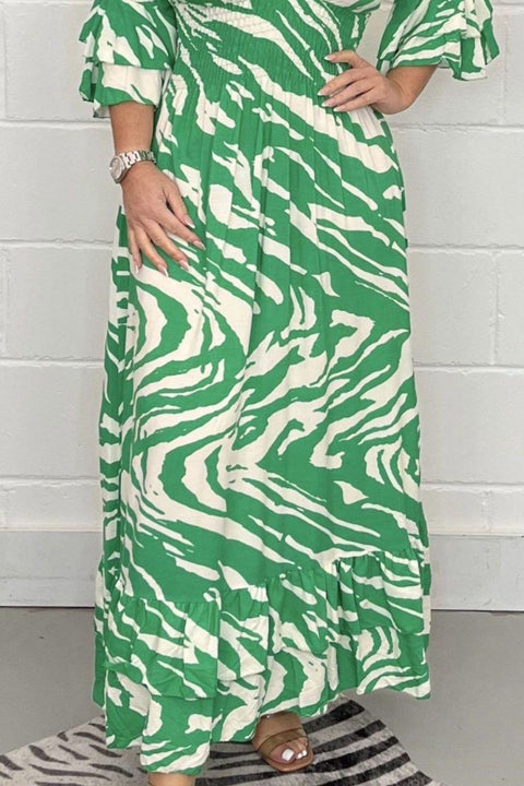 Smocked Printed Flounce Sleeve Maxi Dress Trendsi