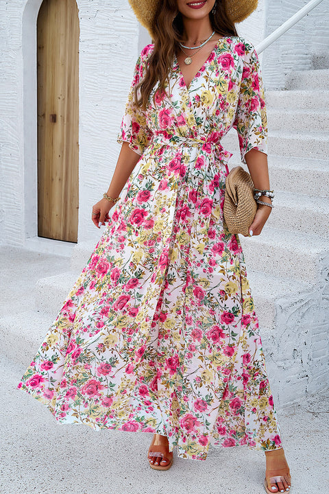 Printed Tied Half Sleeve Slit Dress Trendsi