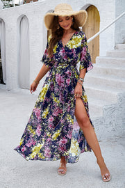 Printed Tied Half Sleeve Slit Dress Trendsi