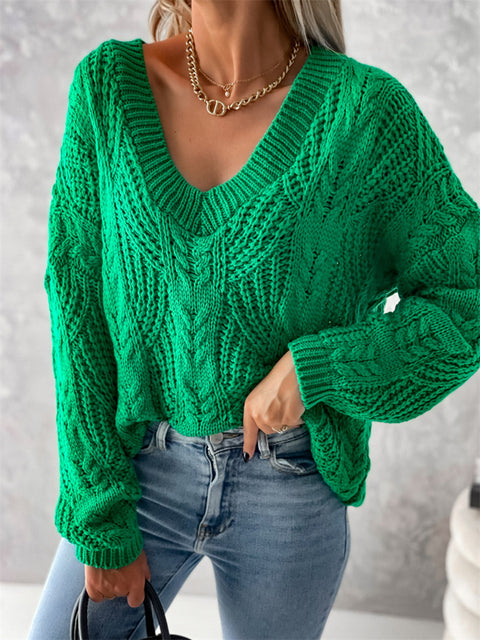 V-Neck Cable-Knit Long Sleeve Sweater Trendsi