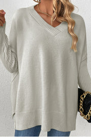 Slit V-Neck Dropped Shoulder Sweater Trendsi