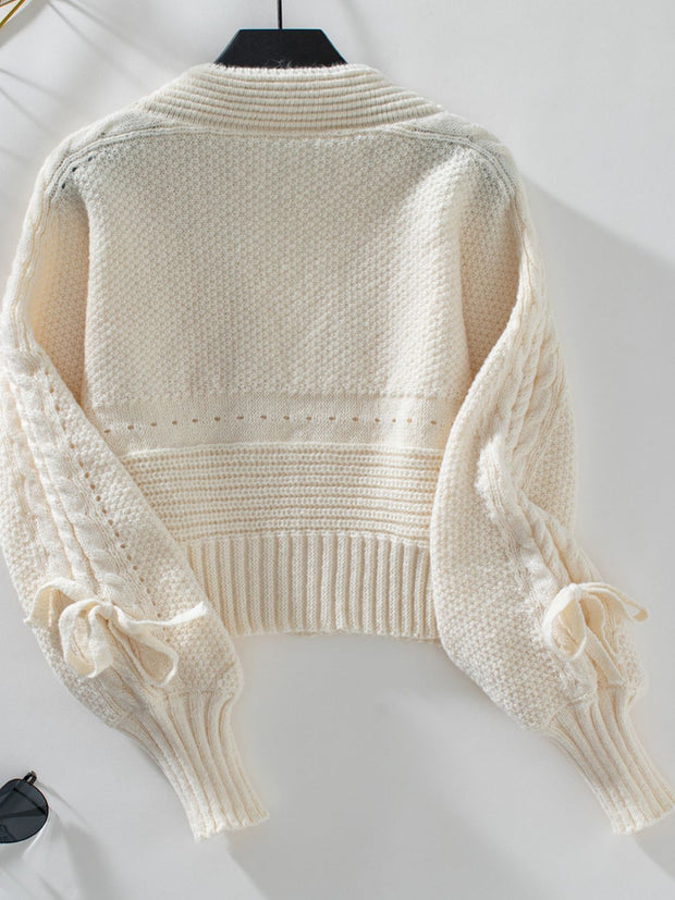 Cable-Knit Tied Open Front Lantern Sleeve Cardigan Trendsi