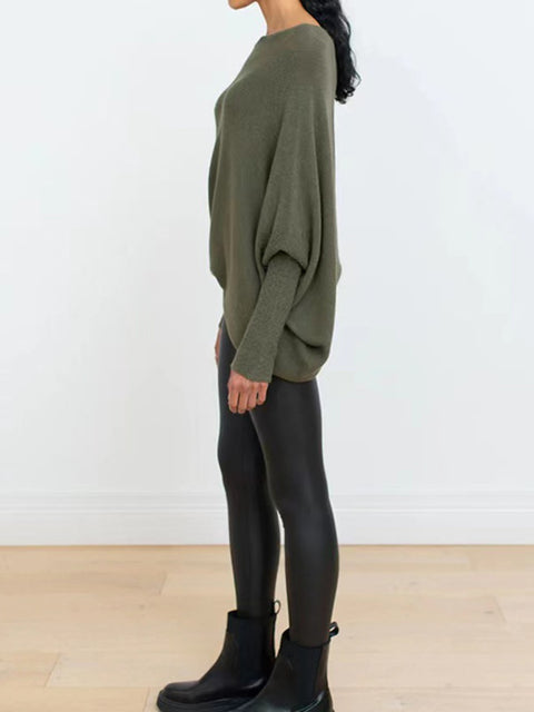 Full Size Boat Neck Batwing Sleeve Knit Top Trendsi