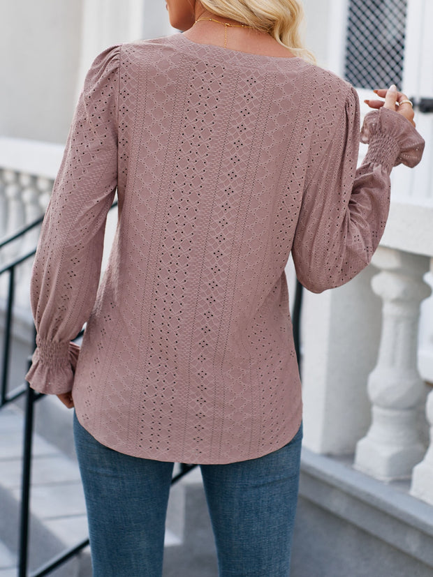 Eyelet Notched Flounce Sleeve Blouse Trendsi