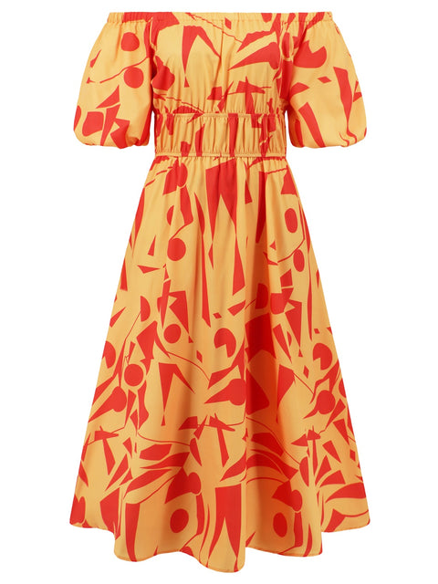 Printed Off-Shoulder Balloon Sleeve Dress Trendsi