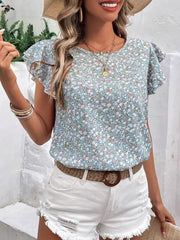 Ditsy Floral Round Neck Cap Sleeve Top Trendsi