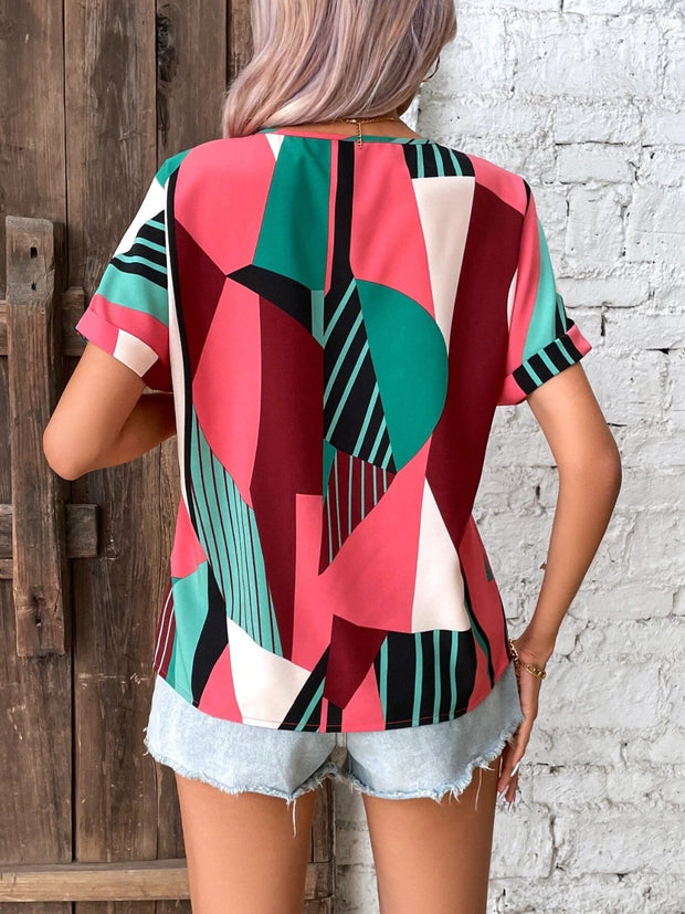 Printed V-Neck Short Sleeve Blouse Trendsi