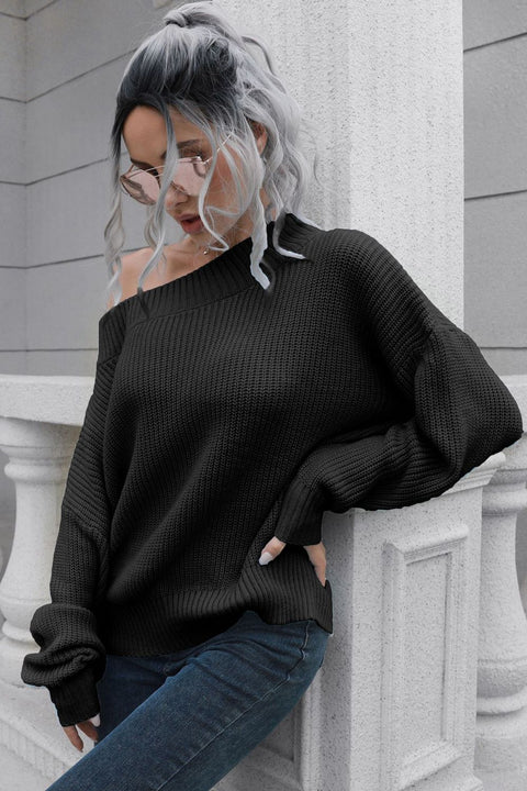 Off-Shoulder Ribbed Long Sleeve Pullover Sweater Trendsi