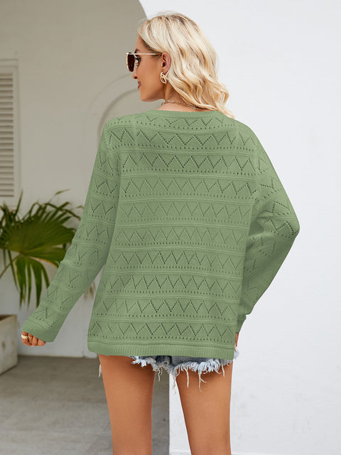 Round Neck Openwork Long Sleeve Knit Top Trendsi