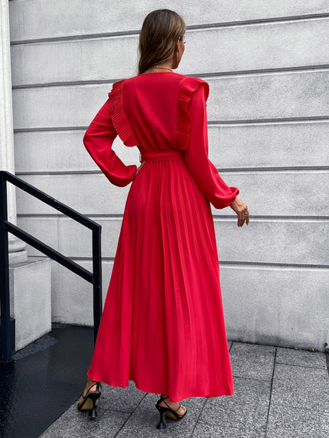 Pleated Surplice Tie Waist Maxi Dress Trendsi