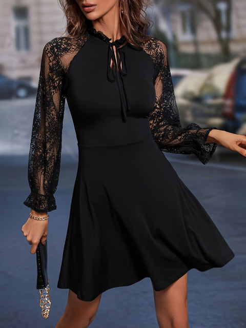 Lace Tie Neck Flounce Sleeve Dress Trendsi