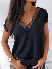 Full Size Lace Detail V-Neck Short Sleeve Blouse Trendsi