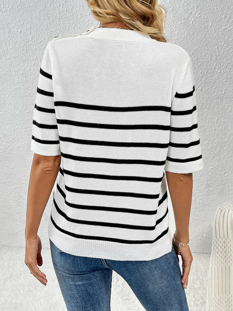 Striped Round Neck Half Sleeve Knit Top Trendsi