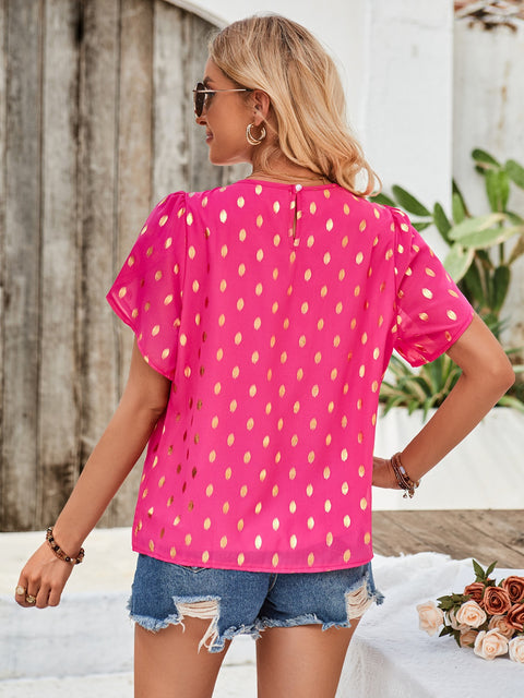 Printed Round Neck Petal Sleeve Blouse Trendsi