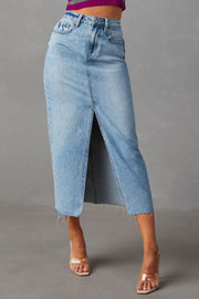 Slit Raw Hem Midi Denim Skirt Trendsi