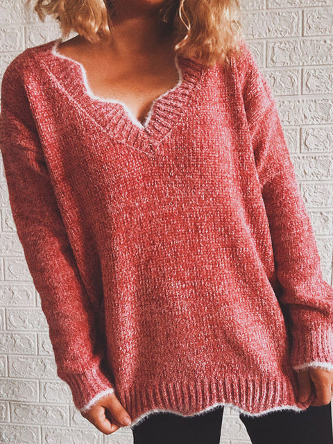 Notched Dropped Shoulder Long Sleeve Sweater Trendsi