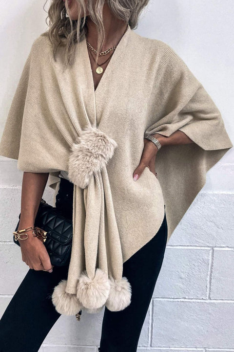 Surplice Neck Pom-Pom Trim Poncho Trendsi