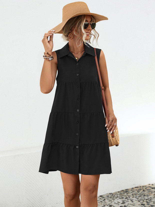 Button Up Sleeveless Mini Dress Trendsi