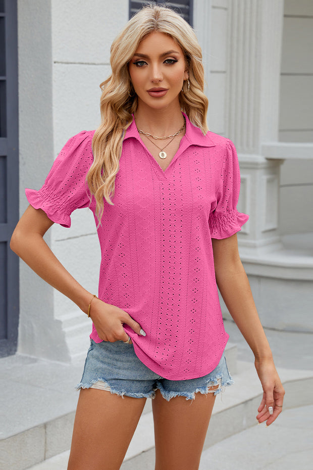 Eyelet Johnny Collar Short Sleeve Blouse Trendsi