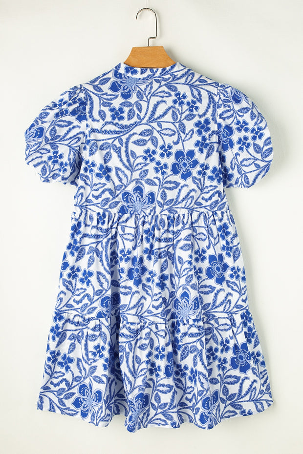 Printed Notched Puff Sleeve Dress Trendsi