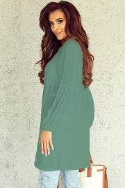 Notched Button Up Balloon Sleeve Longline Top Trendsi