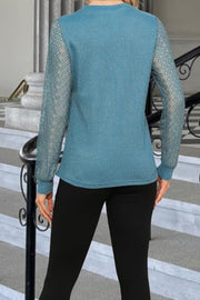 Waffle-Knit Round Neck Long Sleeve Blouse Trendsi