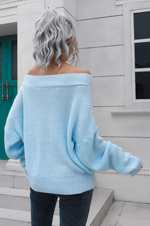 Off-Shoulder Ribbed Long Sleeve Pullover Sweater Trendsi