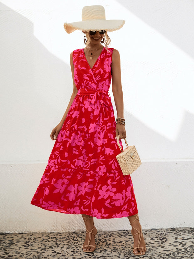 Tied Printed Surplice Tiered Dress Trendsi