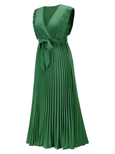 Tied Surplice Cap Sleeve Pleated Dress Trendsi