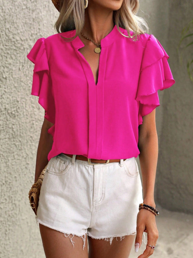 Ruffled Notched Short Sleeve Blouse Trendsi