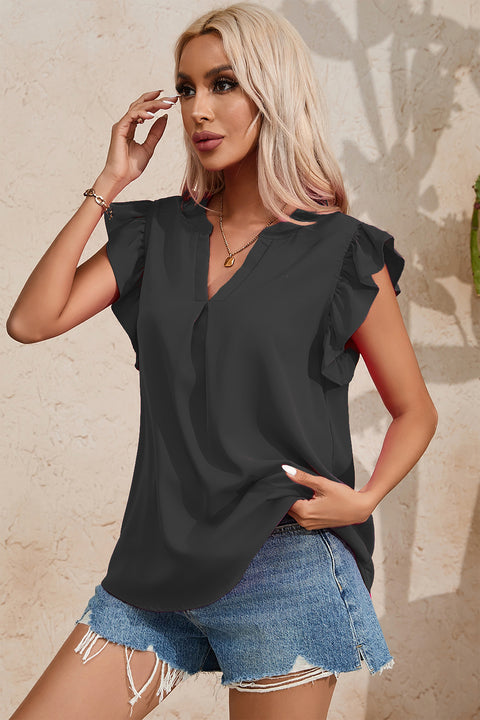 Ruffled Notched Cap Sleeve Blouse Trendsi