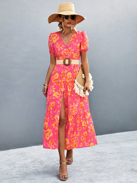 V-Neck Short Sleeve High Slit Midi Dress Trendsi