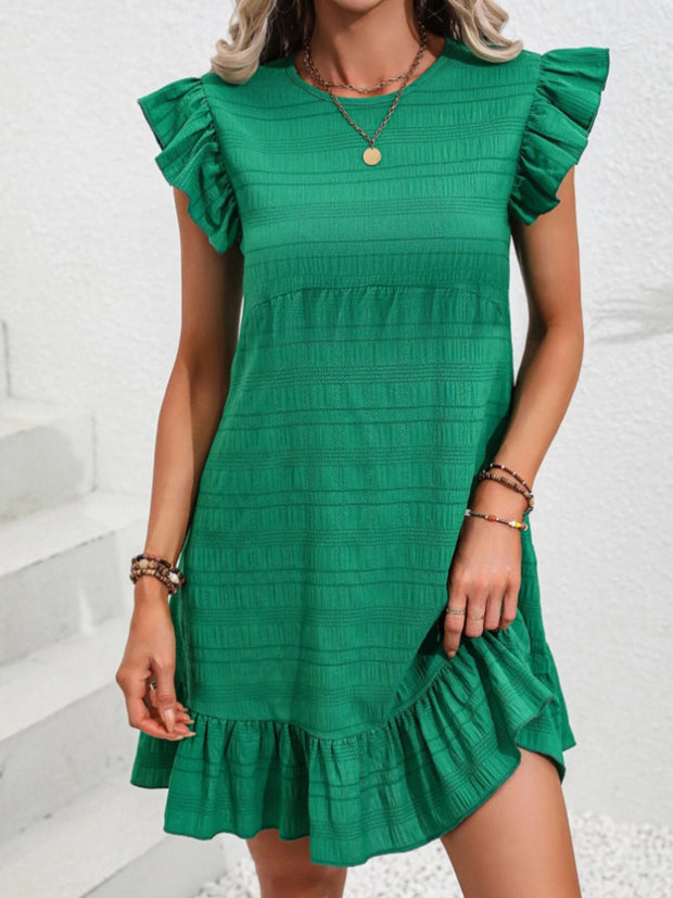 Ruffled Round Neck Cap Sleeve Mini Dress Trendsi