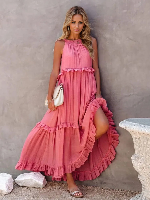 Ruffled Sleeveless Tiered Maxi Dress with Pockets Trendsi