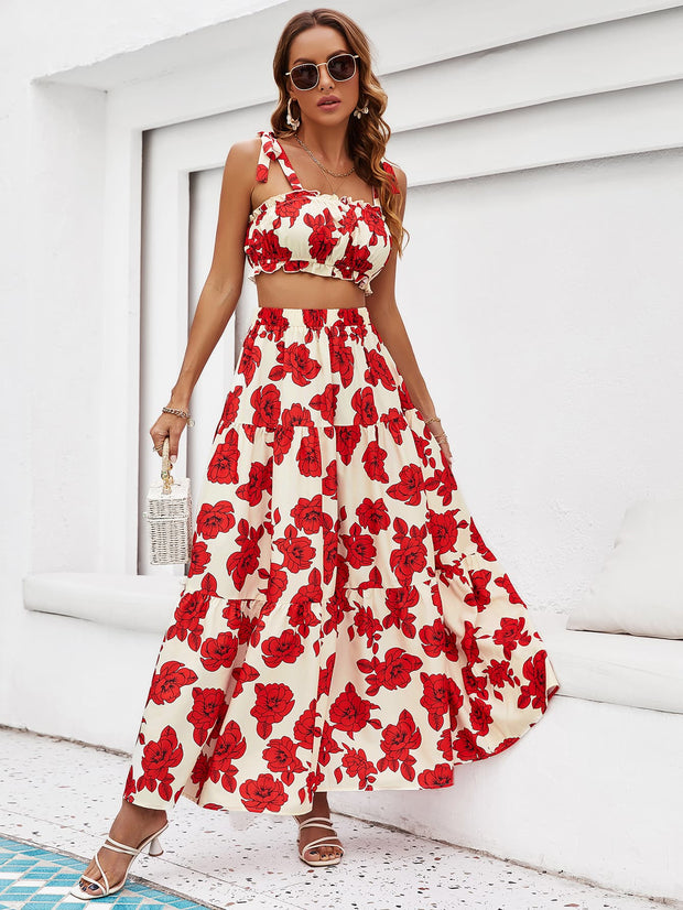 Floral Tie Shoulder Top and Tiered Maxi Skirt Set Trendsi