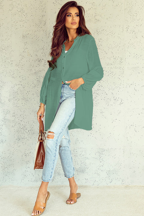 Notched Button Up Balloon Sleeve Longline Top Trendsi