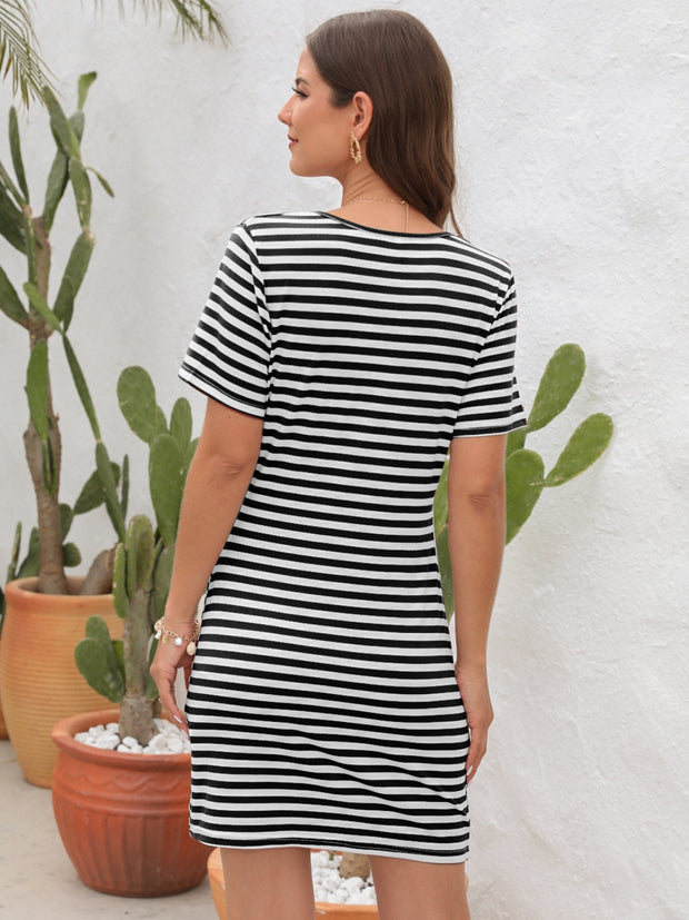 Cutout Striped Round Neck Short Sleeve Dress Trendsi