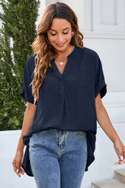 Ruched Notched Short Sleeve Blouse Trendsi