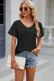 Eyelet V-Neck Short Sleeve T-Shirt Trendsi