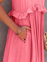 Ruffled Sleeveless Tiered Maxi Dress with Pockets Trendsi