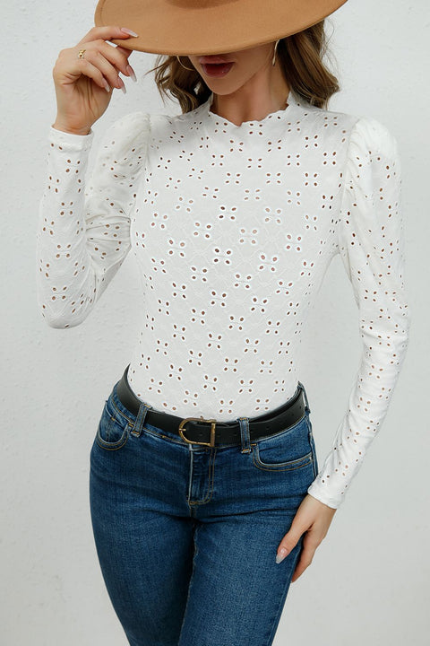 Round Neck Eyelet Long Sleeve Blouse Trendsi